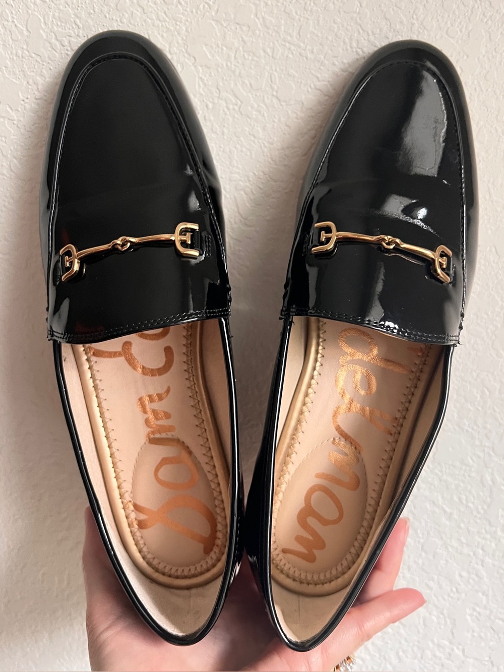 Sam Edelman Loraine Bit Loafer Black Patent Leather Shoes Gold Tone Horsebit 8.5